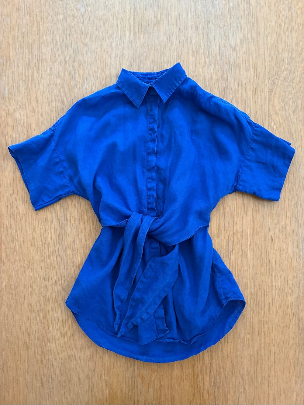 Lauren Ralph Lauren-Cobalt Blue-Tie Front-Linen-Button Down-Blouse-XS
